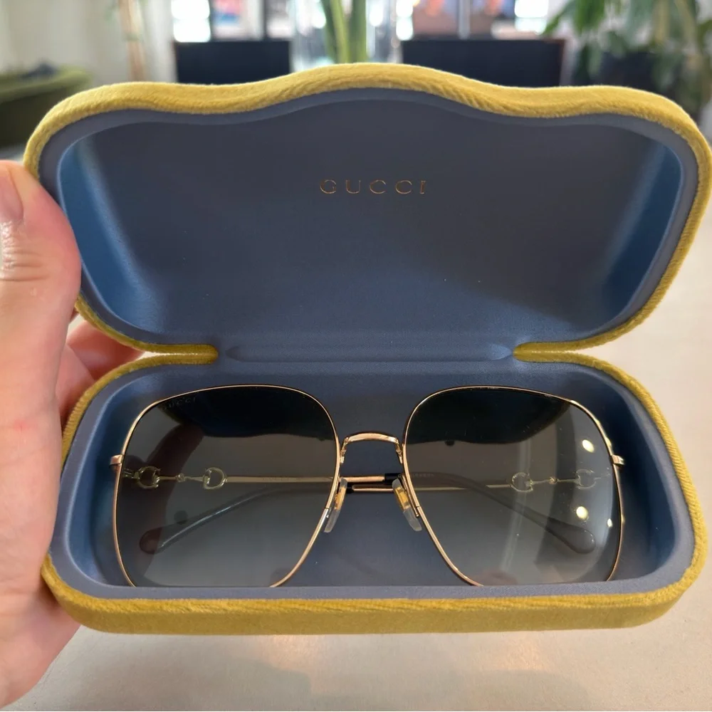 Gucci Gold Metal Frame with Green Gradient Lenses Square Sunglasses